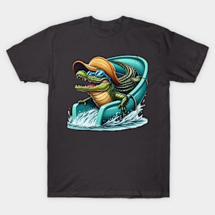 An alligator with a giant swim cap and goggles riding a waterslide T-Shirt